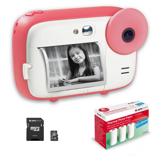 AGFA Photo Realikids Instant Cam + 1 Micro-SD Card 32 GB + 3 Rolls of Thermal Paper ATP3WH – Instant Camera for Kids, 2.4 Inch LCD Display, Selfie Mirror and Photo Filters – Pink - REALKIDS