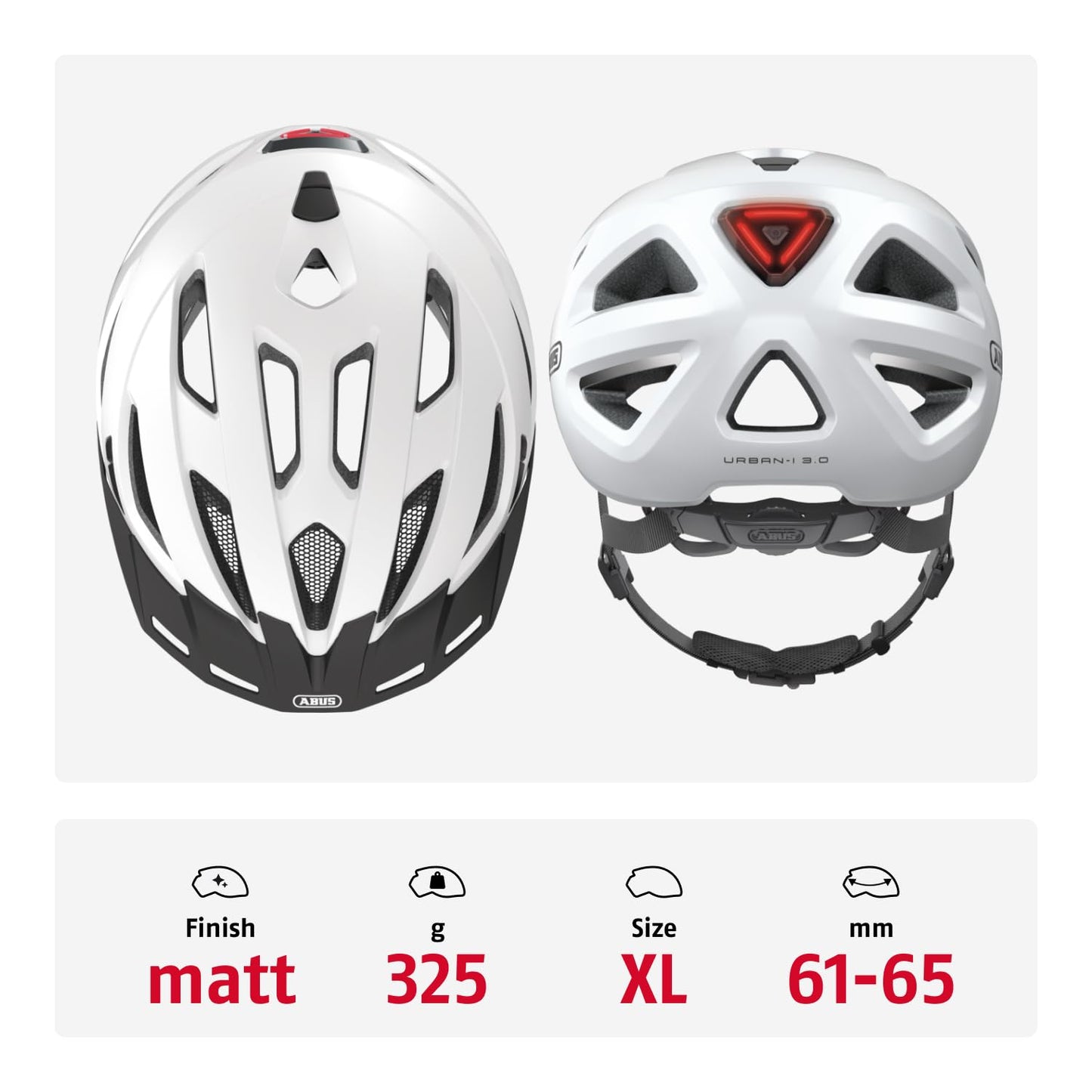 ABUS city helmet Urban-I 3.0 - bicycle helmet with rear light, peak and magnetic closure - for women and men - white, size XL - 86861