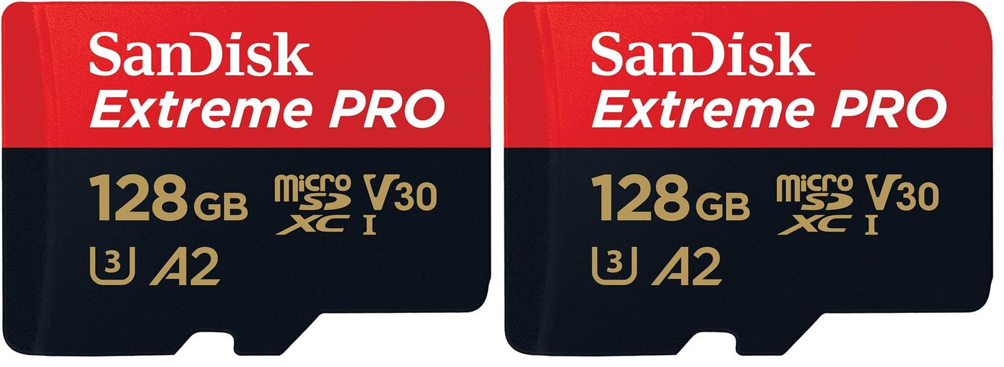 SanDisk Extreme PRO microSDXC UHS-I Memory Card 128GB + Adapter & RescuePRO Deluxe (For Smartphones, Action Cameras or Drones, A2, Class 10, V30, U3, 200MB/s Transfer) (Pack of 2) - SDSQXCD-128G-GN6MA