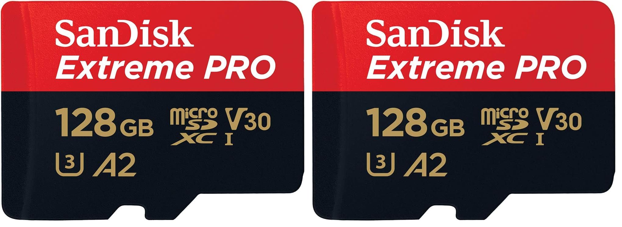 SanDisk Extreme PRO microSDXC UHS-I Card de memorie 128GB + Adaptor & RescuePRO Deluxe (Pentru smartphone-uri, camere de acțiune sau drone, A2, Clasa 10, V30, U3, 200MB/s Transfer) (Pachet de 2) - SDSQXCD-128G-GN6MA
