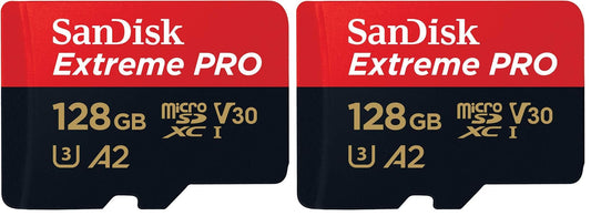SanDisk Extreme PRO microSDXC UHS-I Card de memorie 128GB + Adaptor & RescuePRO Deluxe (Pentru smartphone-uri, camere de acțiune sau drone, A2, Clasa 10, V30, U3, 200MB/s Transfer) (Pachet de 2) - SDSQXCD-128G-GN6MA