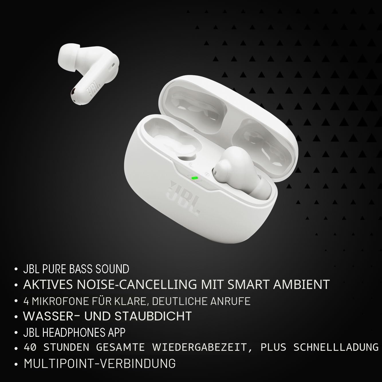 JBL Wave Beam 2, wireless Bluetooth in-ear headphones with noise canceling, 40 h playback time, JBL Pure Bass Sound, Smart Ambient technology and multipoint connection, black - JBLWBEAM2BLK