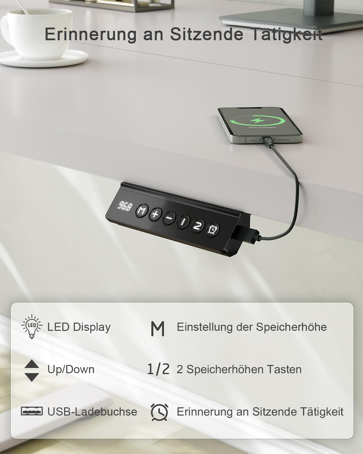 JUMMICO Birou reglabil pe înălțime cu port de încărcare USB, birou reglabil electric pe înălțime 100 x 60 cm, masă de stat-șezut, birou tip standing desk, masă de calculator reglabilă, birou standing desk, gri - 0403