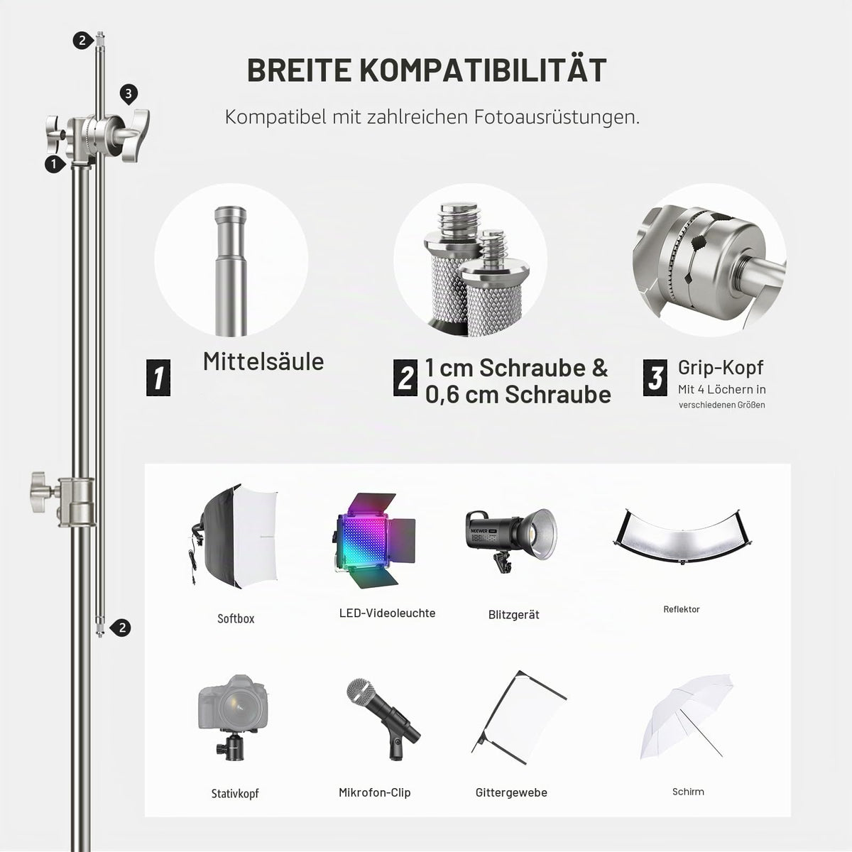Suport C NEEWER de 10,5 ft din oțel inoxidabil, trepied C cu braț, bază de montare rapidă, stâlp central mai gros, max. Încărcare 20 kg, trepied pentru lumină fotografică cu braț de susținere de 4,2 ft pentru softbox, SC320Q