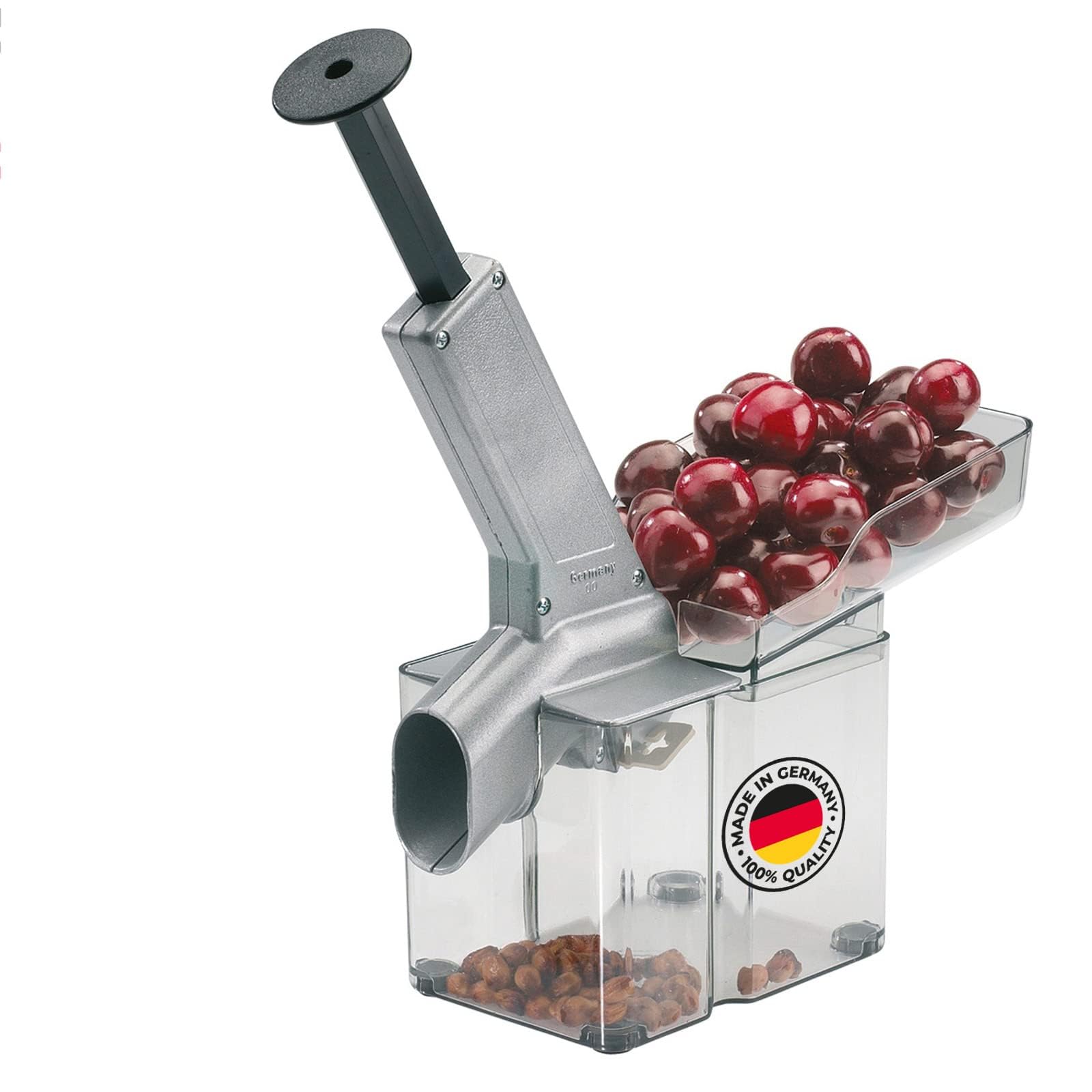 Westmark dispozitiv pentru scos sâmburii cireșe/dispozitiv pentru scos sâmburii cu jgheab înclinat și casetă mare pentru sâmburi, plastic/oțel inoxidabil/aluminiu, Kirschomat, argintiu/negru/transparent, 40702260