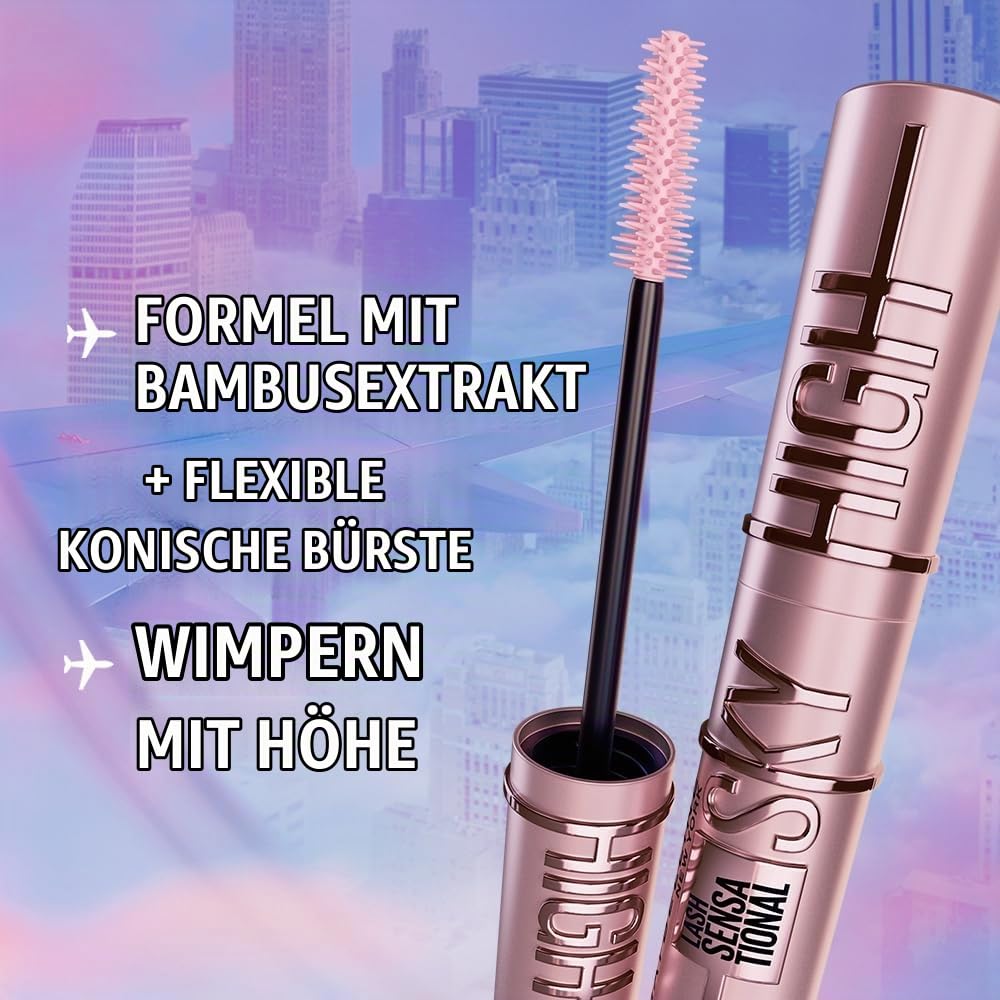 Maybelline New York Mascara neagră pentru gene extrem de lungi, Lash Sensational Sky High Mascara, Very Black, 7,2 ml (pachet cu 3) - B3336001