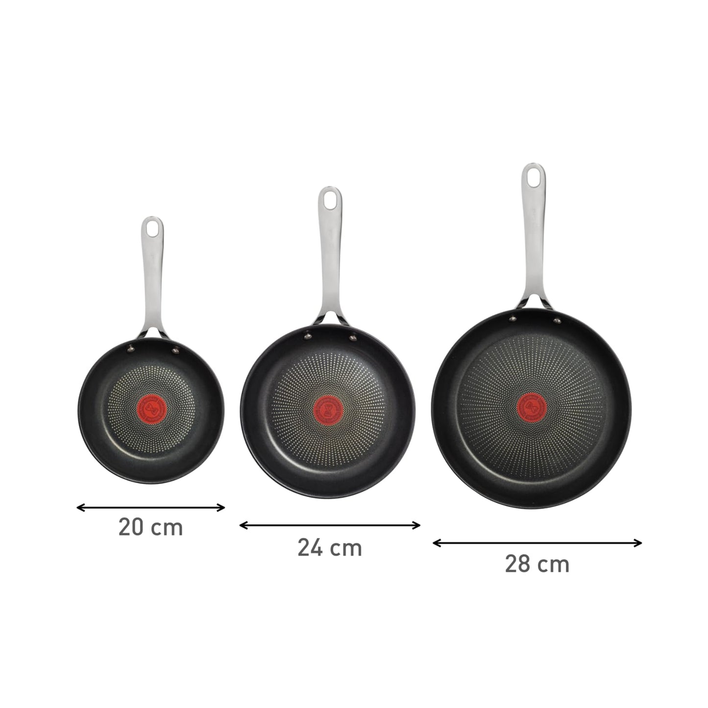 Tefal Jamie Oliver Cook's Direct On pan set 20/24/28 cm, thermal signal at ideal frying temperature, non-stick, induction frying pans, rustproof, oven safe, riveted handle, E304S344