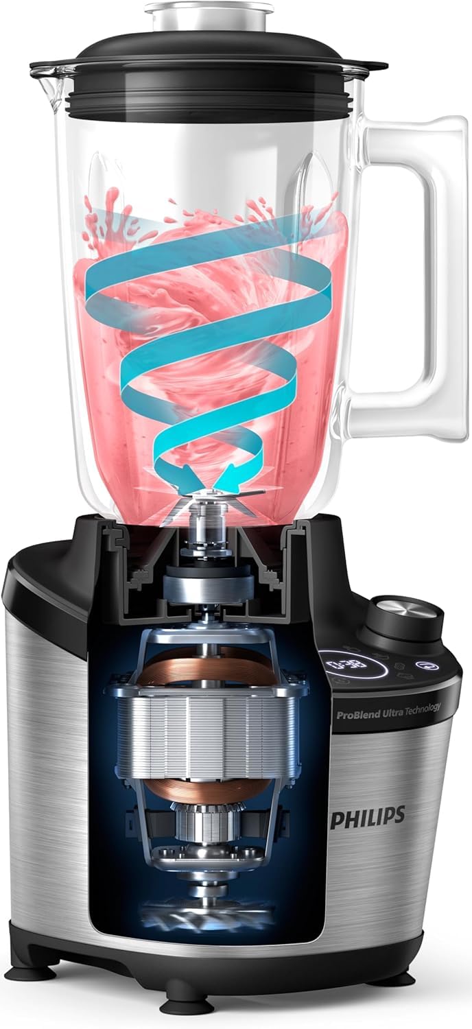 Philips 7000 Series High Performance Blender - ProBlend Ultra Technology, 1,500 W, 2 L Glass Container, Quick Select Programs for Smoothies & Soups, HomeID App, Dishwasher Safe Parts (HR3760/10)