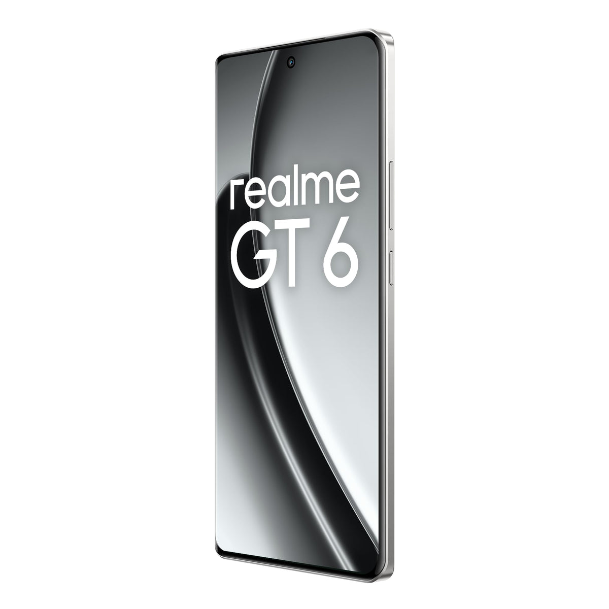 Smartphone realme GT6 5G 12+256 GB, chipset Snapdragon 8s Gen 3, display ultra luminos 6000nit, cameră Sony LYT-808 OIS, încărcare 120W SUPERVOOC, baterie masivă de 5500mAh, Fluid Silver (fără adaptor) - RMX3851