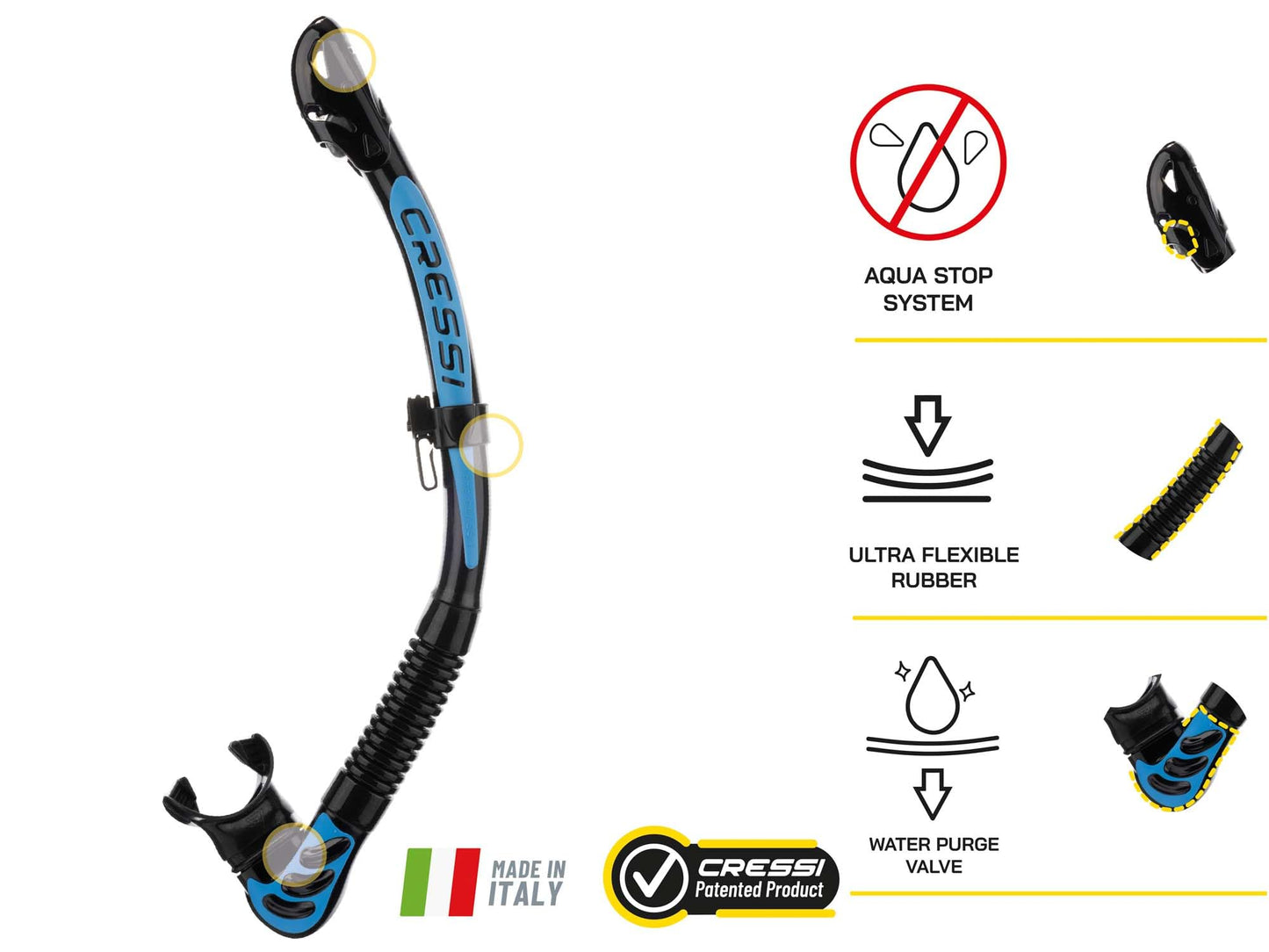 Cressi Alpha Ultra Dry Snorkel Black/Blue - Dry snorkel for diving, free diving and snorkeling, black/blue, one size unisex - ES258062