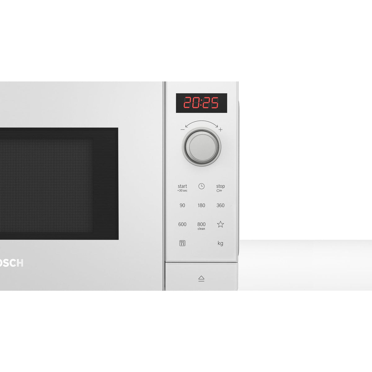 Bosch FFL023MW0 Serie 2 Microwave, 26 x 44 cm, 800 W, Turntable 27 cm, Left Door Hinge, AutoPilot 7 with 7 Automatic Programs, Cleaning Assistance, LED Touch Display, White
