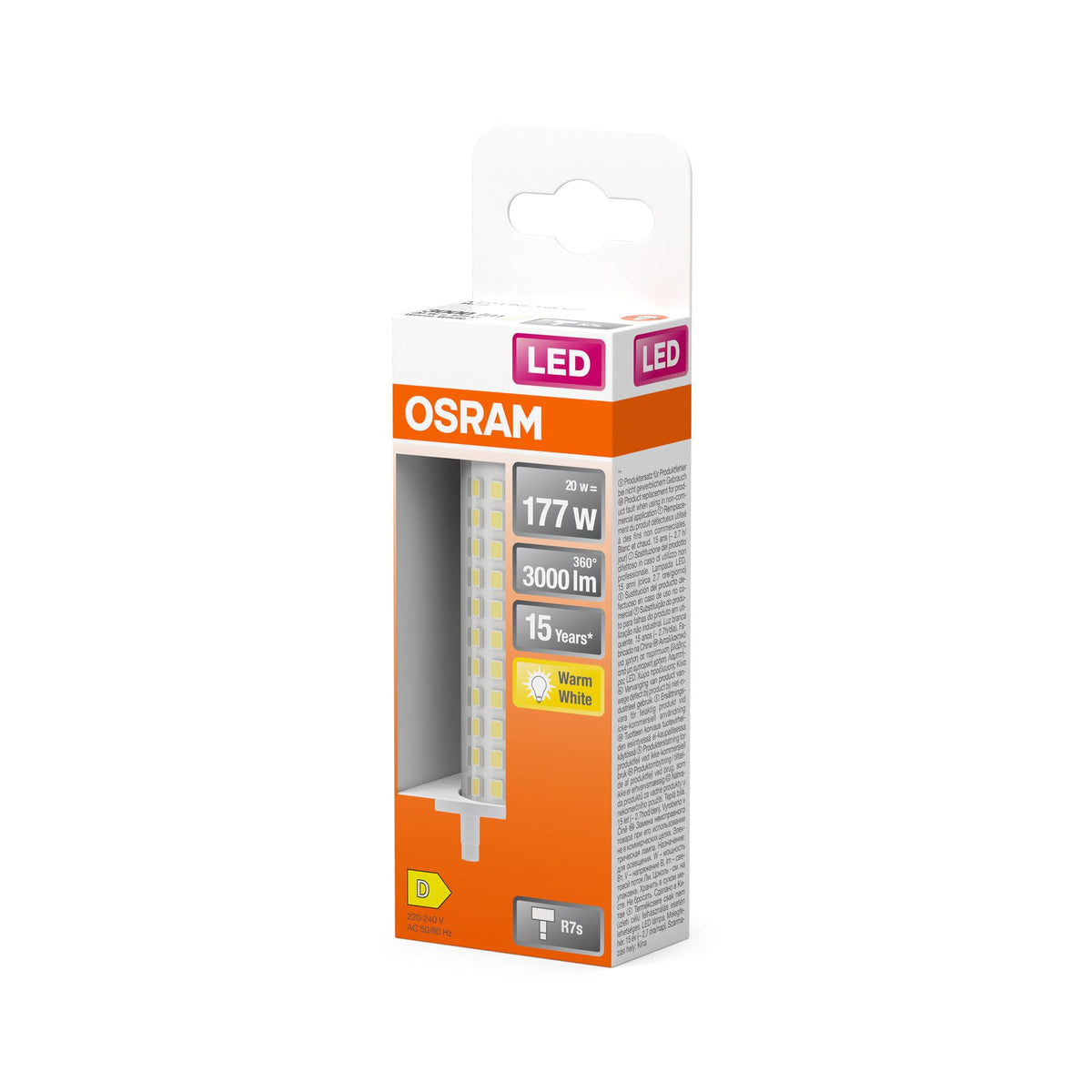 Osram LED Line LED lamp with filament, clear plastic light body, 20 W, R7s retrofit base, energy efficiency class D, 3000 lm, 3000 K warm white light for general lighting, 6-pack - 4099854248160