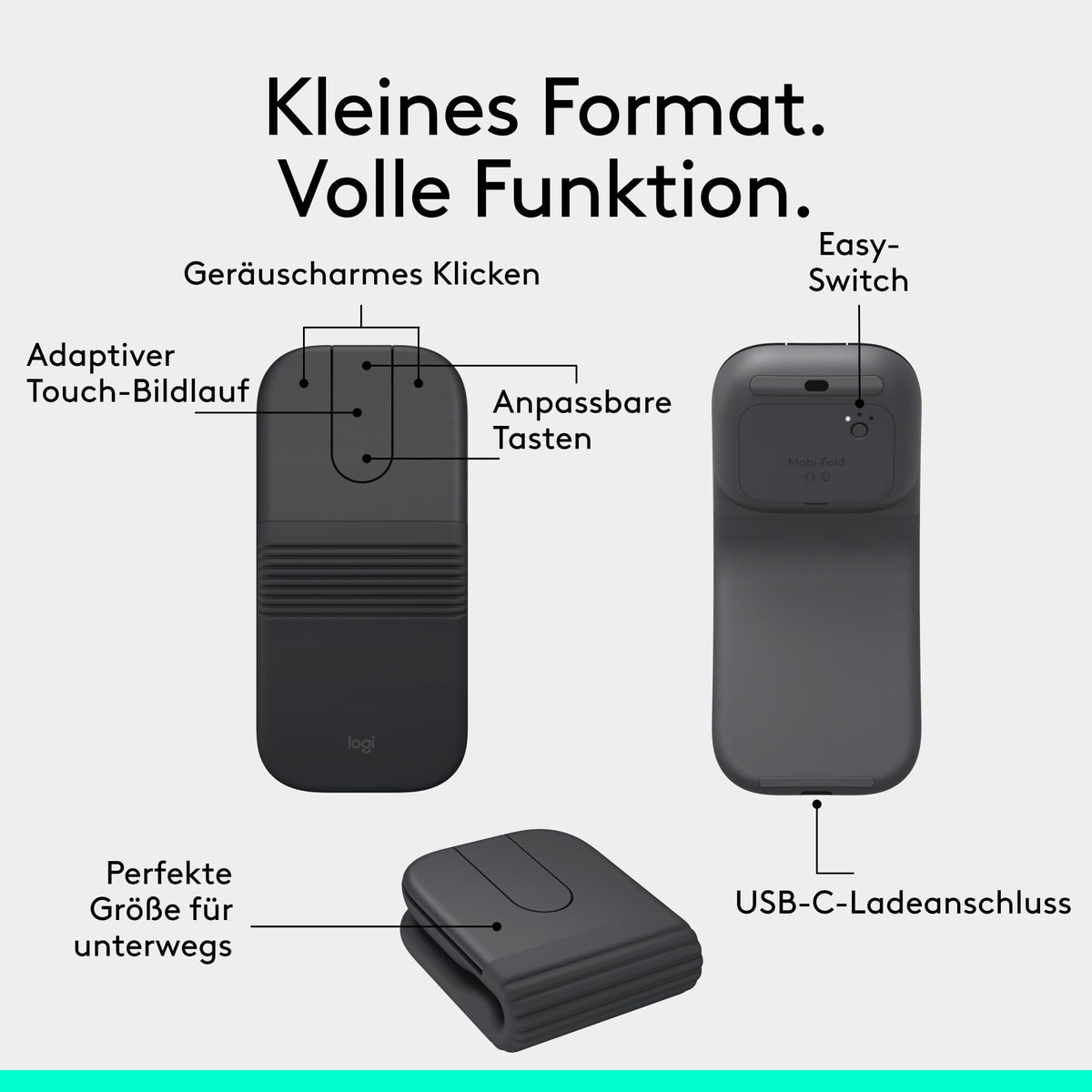 Logitech Keys-to-Go 2 și Mobi Fold, tastatură subțire cu husă și mouse pliabil, ușor, mobil, Bluetooth, pentru Windows-PC, Mac, Android, Chromebook, iPad, DEU QWERTZ - Grafit - 910-007631