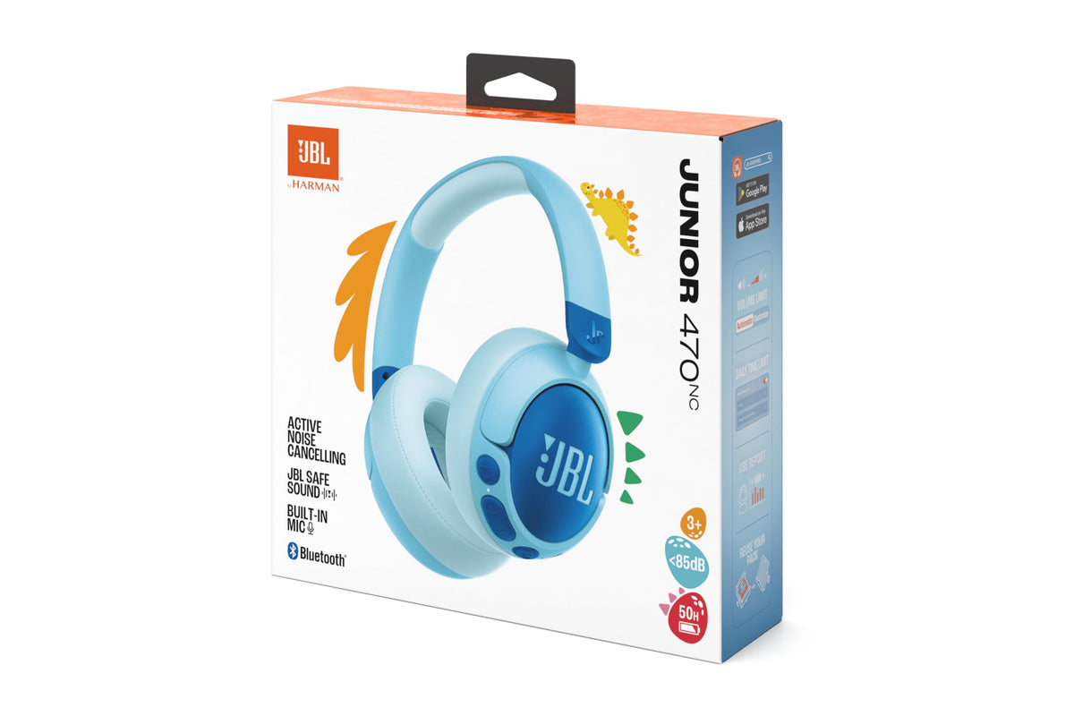 JBL Junior 470 NC, Wireless Over-Ear Bluetooth Headphones with Active Noise Cancelling for Kids, Microphone, 50 hours Playback, JBL Safe Sound, Low Volume, Easy Operation, and Stickers, Blue - JBLJR470NCBLU