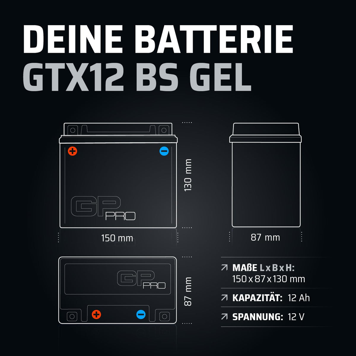 GP-PRO gel battery 12 V 12 Ah maintenance-free compatible with Piaggio X8 125 - GP-006