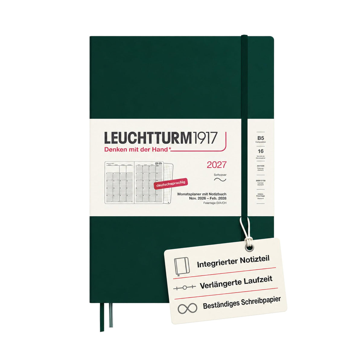 LEUCHTTURM1917 planificator lunar cu caiet 2027 Compoziție (B5) - germană, verde pădure, copertă moale, 178 x 254 mm, 16 luni (01.11.2026-28.02.2028), 132 pagini de note punctate cu cuprins - 400173