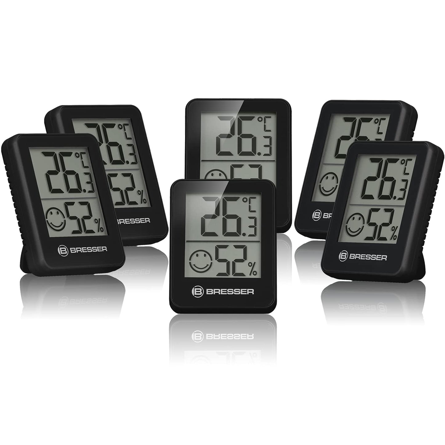 Bresser set of 6 thermometer hygrometers - digital room thermometer for checking interior humidity, suitable for refrigerators, wall mounting and magnet, mold prevention - indicator smiley, black - 7000015CM3000