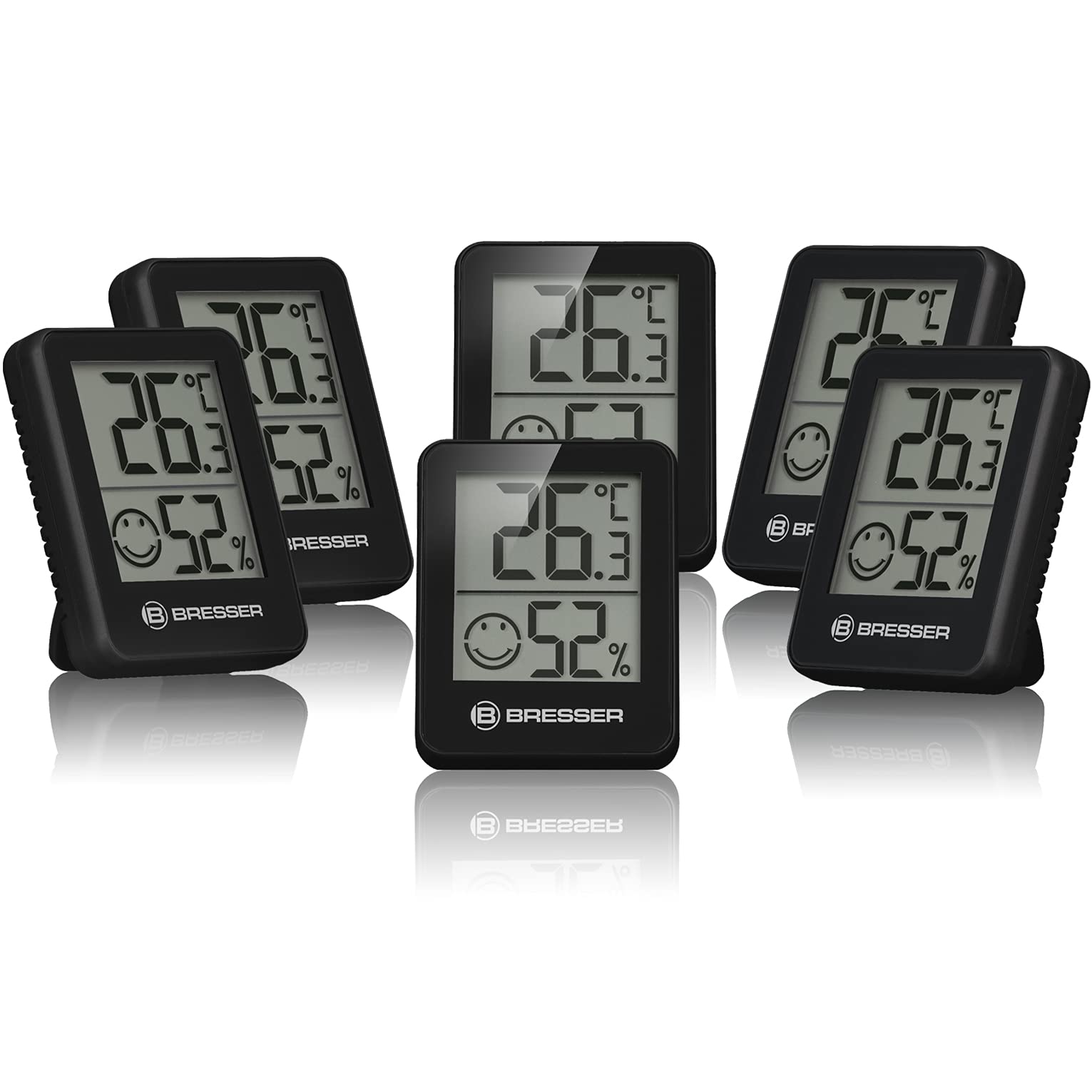 Bresser set of 6 thermometer hygrometers - digital room thermometer for checking interior humidity, suitable for refrigerators, wall mounting and magnet, mold prevention - indicator smiley, black - 7000015CM3000