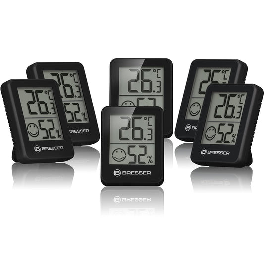 Bresser set of 6 thermometer hygrometers - digital room thermometer for checking interior humidity, suitable for refrigerators, wall mounting and magnet, mold prevention - indicator smiley, black - 7000015CM3000