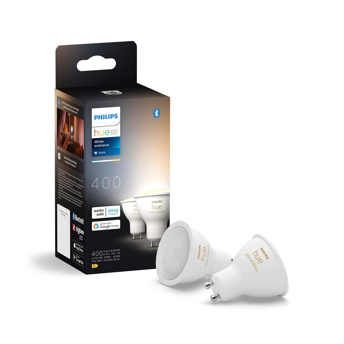 Pachet spot cu LED Philips Hue White Ambiance GU10 de 2 (400lm), lămpi LED reglabile pentru sistemul de iluminat Hue cu lumină albă caldă, control inteligent al luminii prin voce și aplicație - 929003666702