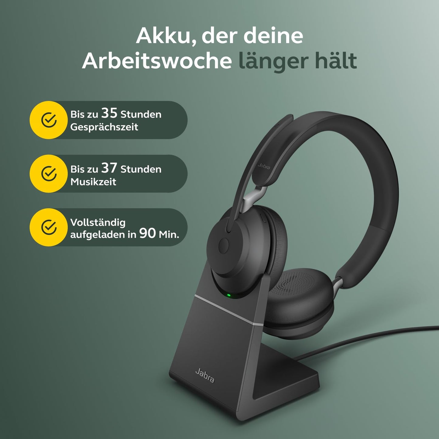 Jabra Evolve2 65 Wireless PC Headset with Charging Dock - Noise Canceling Microsoft Teams Certified Stereo Headphones with Long-Lasting Battery - USB-C Bluetooth Adapter - Black - 26599-999-889