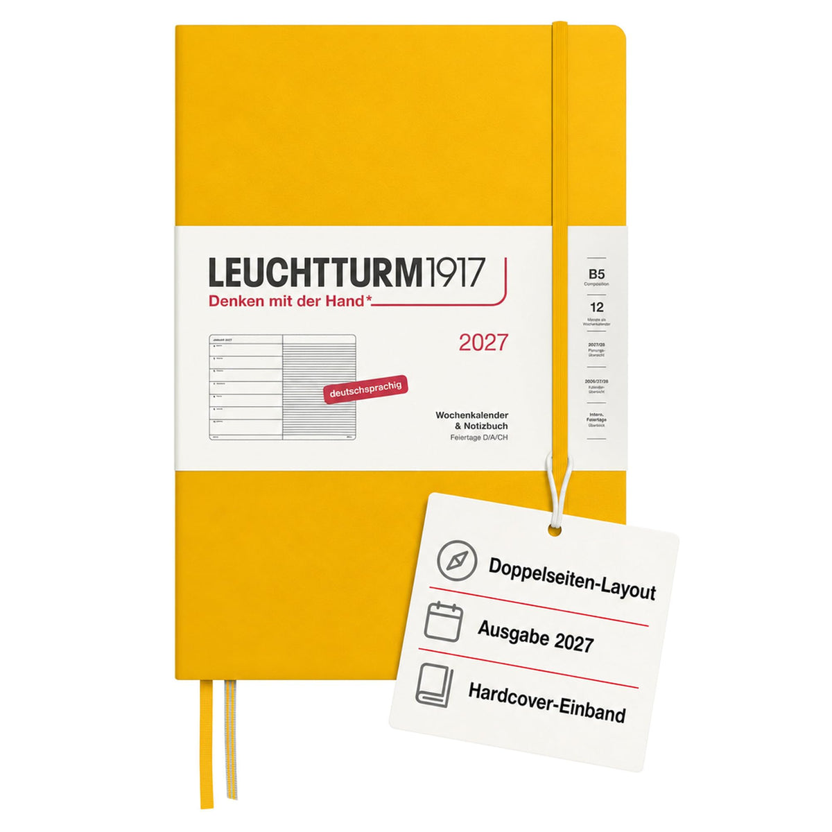 LEUCHTTURM1917 Weekly Calendar 2027 Composition (B5) with Notebook - German Diary, Sunflower, January-December 2027, Weekly Overview on the Left + Notes Page on the Right - 400041