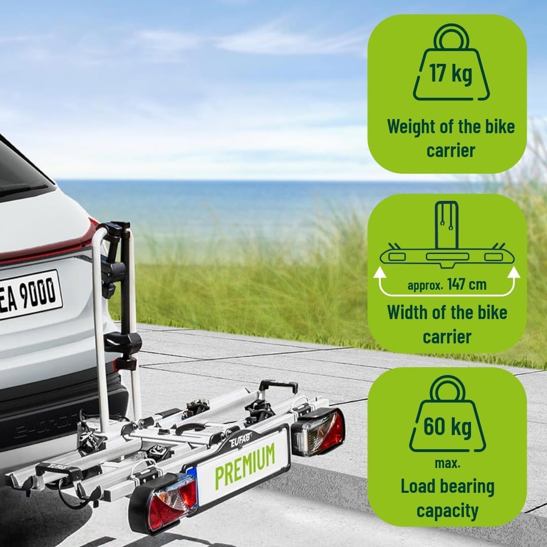 EUFAB 12011LAS PREMIUM bicycle carrier, suitable for e-bikes, completely pre-assembled, anti-theft protection, for 2 bicycles, for trailer hitch, black, gray