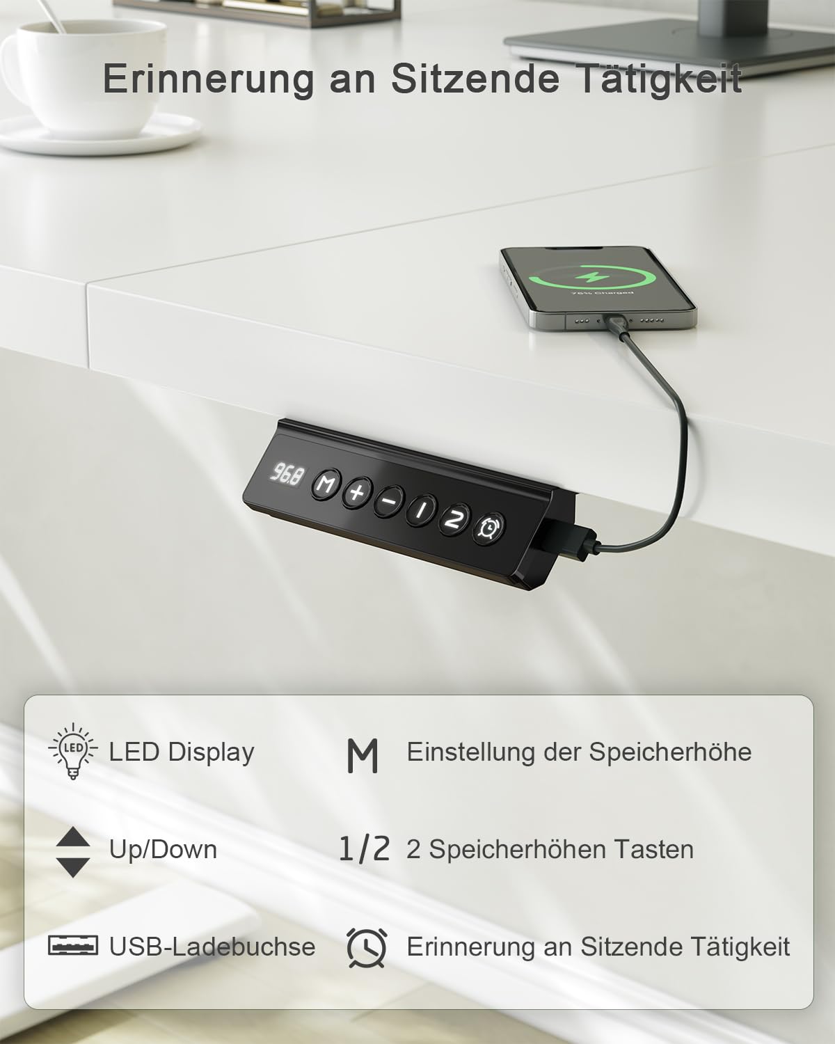 JUMMICO Birou reglabil pe înălțime cu port de încărcare USB, birou electric reglabil pe înălțime 120 x 60 cm, masă stand-sit, birou standing, masă de calculator reglabilă, birou standing, alb - 0403