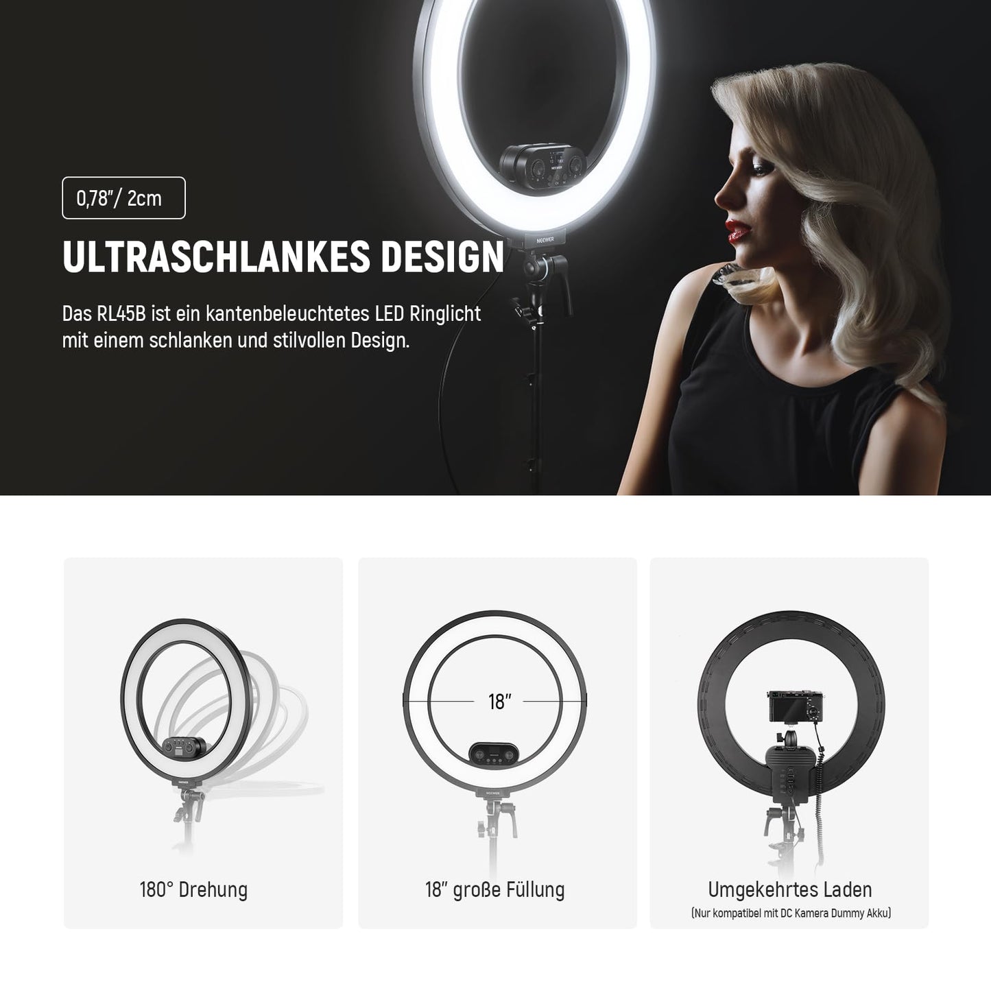 NEEWER 18" ring light set with edge lighting, 45W 3300Lux 2900K-7000K 12 scenes ring light with APP 2.4G PC Mac control, remote control, tripod bag for make-up, TikTok, Ins, live stream, RL45B - 10103370