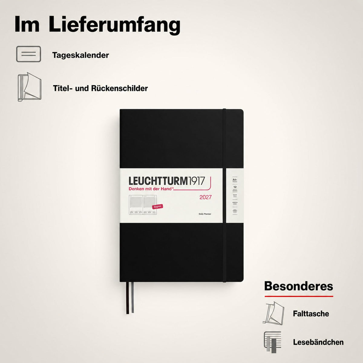 LEUCHTTURM1917 Daily Calendar 2027 A4+ (Master) - English, Black, 225 x 315 mm, January-December (12 months), 1 page per day, hourly grid 7:00-22:00, hardcover, 100 g/m² paper - 400323