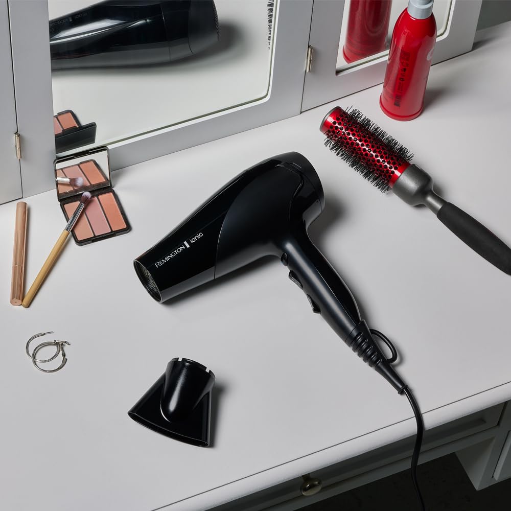 Remington Hair Dryer Ions [lightweight, diffuser & styling nozzle] black (2200W, ceramic ions: gentle styling & even heat distribution, 3 heat & 2 separate fan speeds + cool shot) D3198 - 45711560100