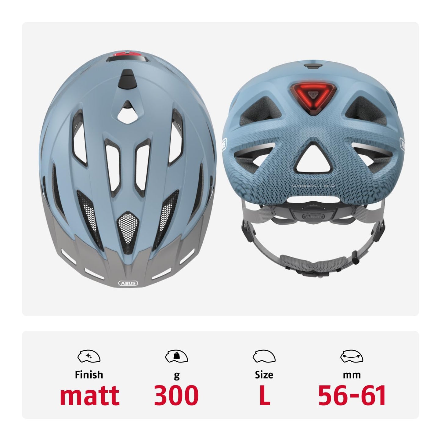 ABUS city helmet Urban-I 3.0 - bicycle helmet with rear light, peak and magnetic fastener - for women and men - light blue, size L - 86896