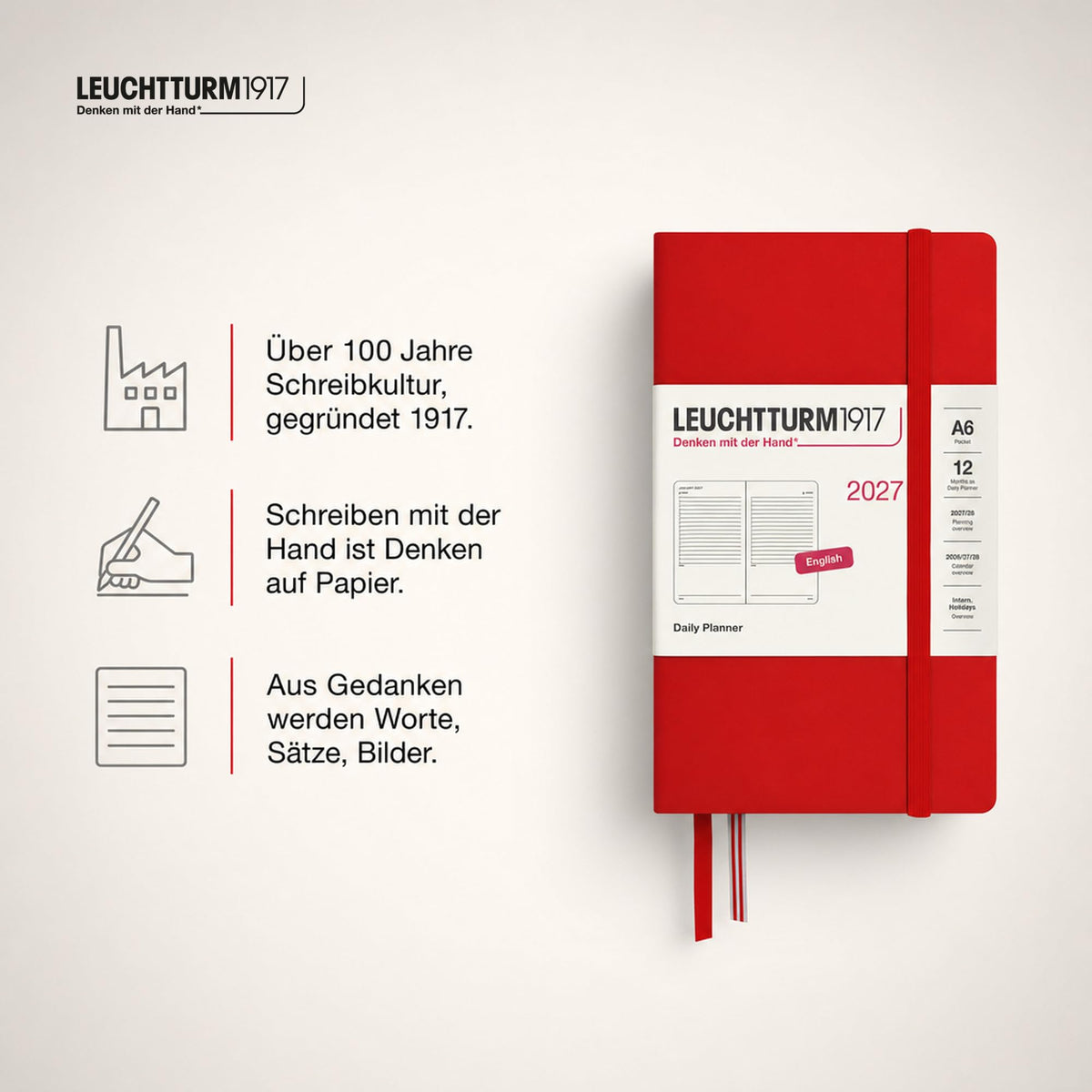 LEUCHTTURM1917 Daily Calendar 2027 Pocket (A6) - English, Cherry, 90 x 150 mm, January-December (12 months), 1 page per day, hourly grid 7:00-22:00, hardcover, 80 g/m² paper - 400332