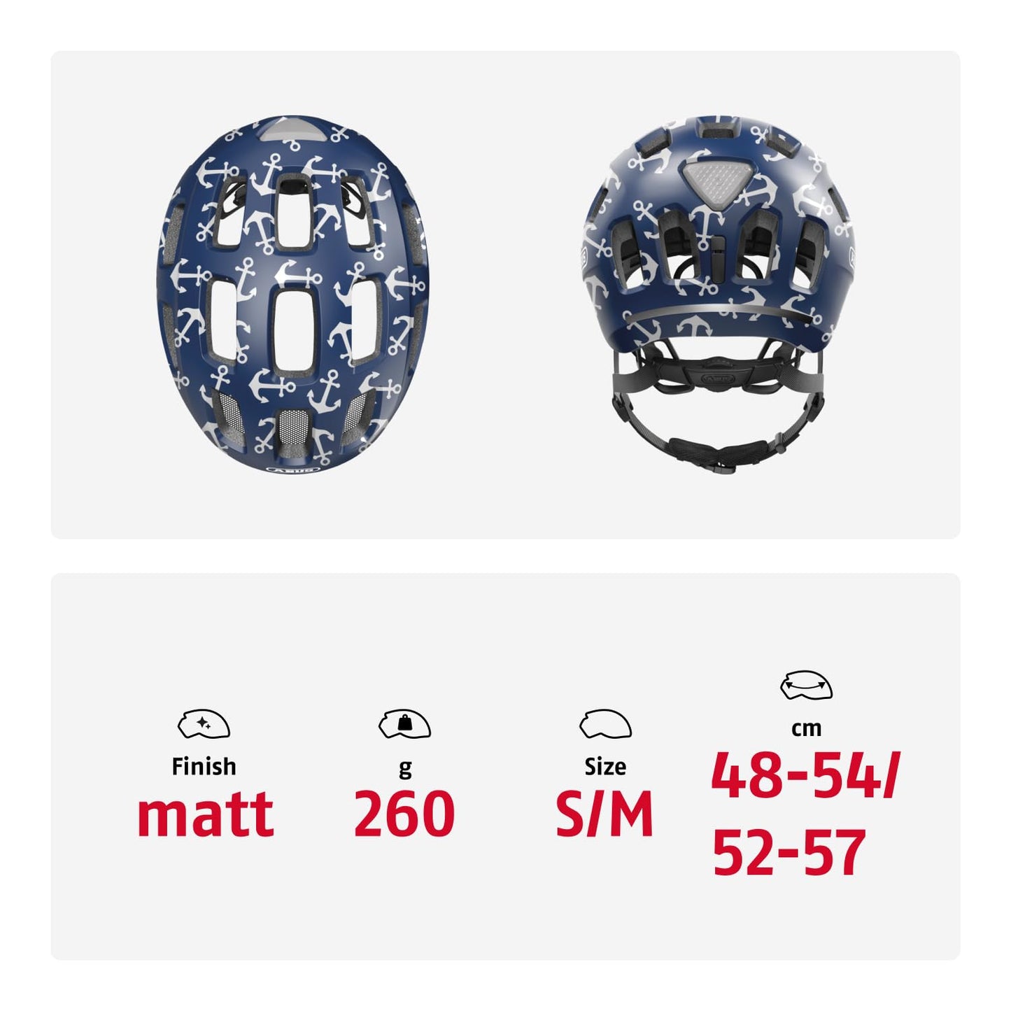 ABUS Youn-I 2.0 bicycle helmet - with light for children, teenagers and young adults - for girls and boys - blue with anchor pattern, size S - 63814