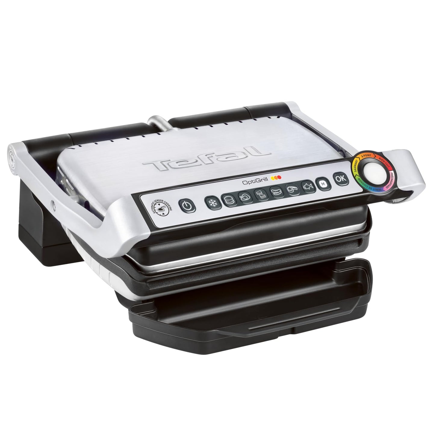 Tefal OptiGrill contact grill - electric grill with 6 automatic programs, cooking level display and automatic temperature adjustment, defrosting and manual mode, removable non-stick coated plates - GC705D