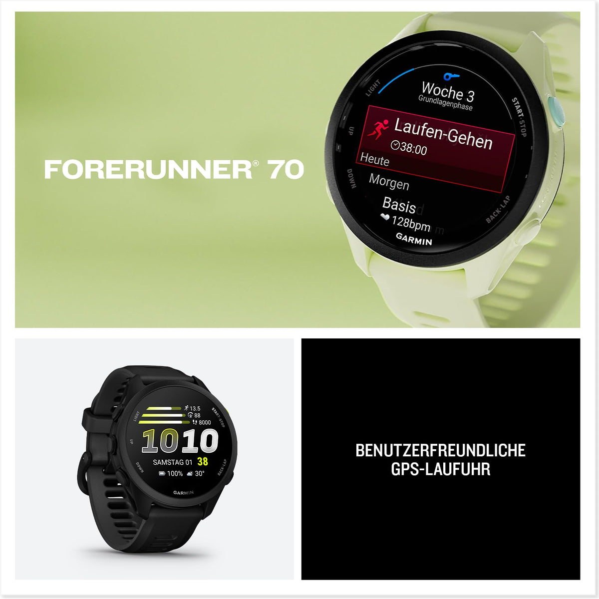 Garmin Forerunner 70 43mm (Amazon Exclusive) - Ceas de alergare inteligent, ecran AMOLED tactil de 1,2", autonomie a bateriei de până la 13 zile, recomandări pentru antrenament, date de sănătate, peste 80 de aplicații sportive, notificări, Pay -