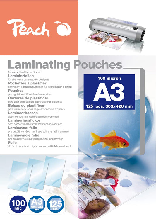 Peach laminating pouches A3-100 mic - 125 pouches - glossy - premium quality for best laminating results - compatible with devices from all brand manufacturers - PP500-01P