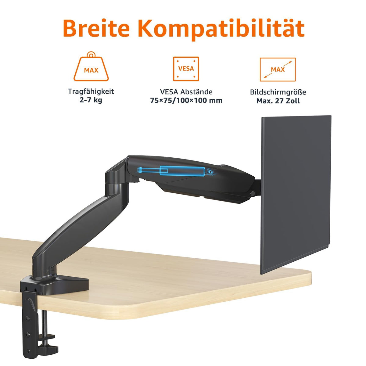 Amazon Basics Gas Spring Monitor Arm for Desk Mounting, Adjustable Tension, for 15–27 inch (38.1cm–68.6cm) Monitors, supports 2.0kg–7.0kg, VESA 75x75/100x100, Black - DS-MADSBE