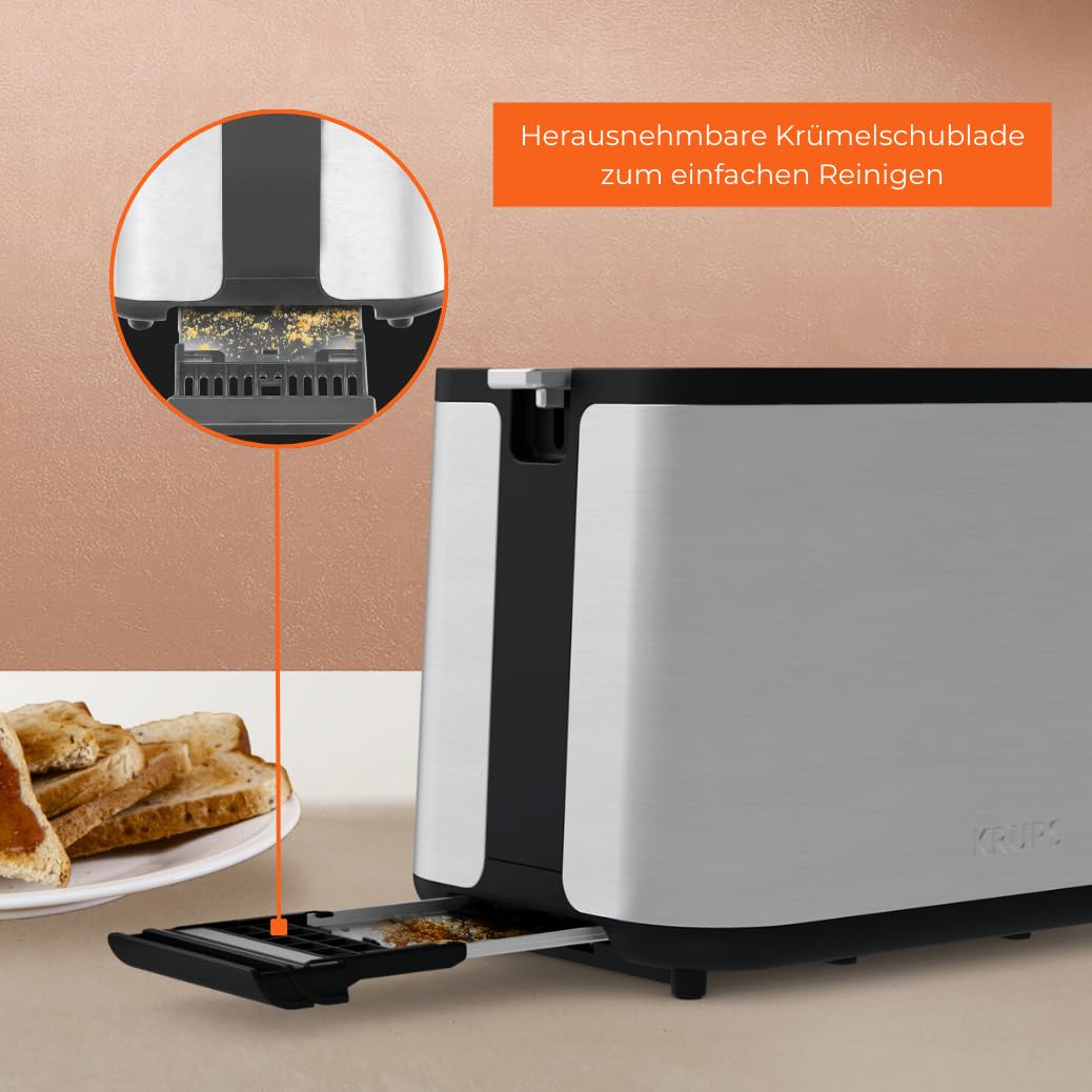 Krups KH442D Control Line Premium Toaster, stainless steel, 2 short slots for 2 slices, bun warmer, 6 browning levels, 850 W, 23.6 x 32.4 x 20.2 cm, silver/black