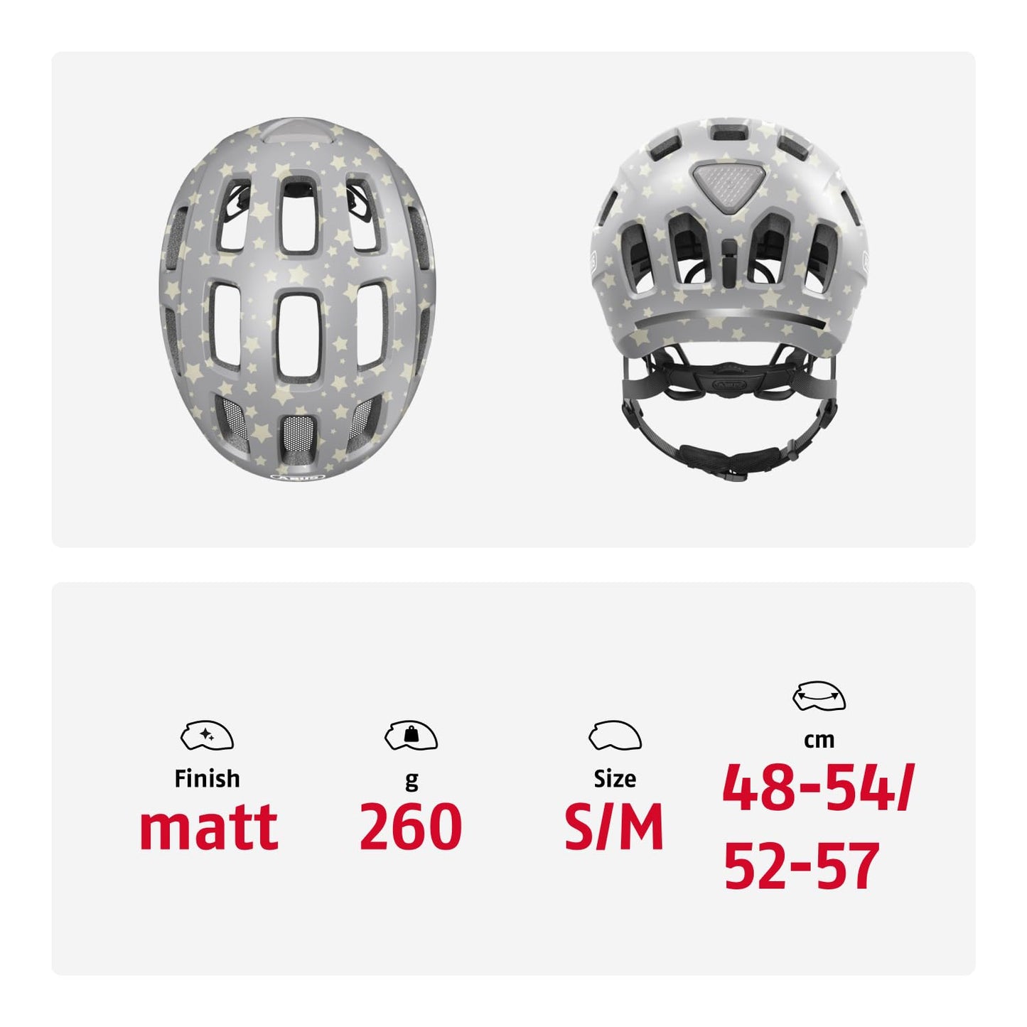 ABUS Youn-I 2.0 bicycle helmet - with light for children, teenagers and young adults - for girls and boys - gray with star pattern, size M - 63811