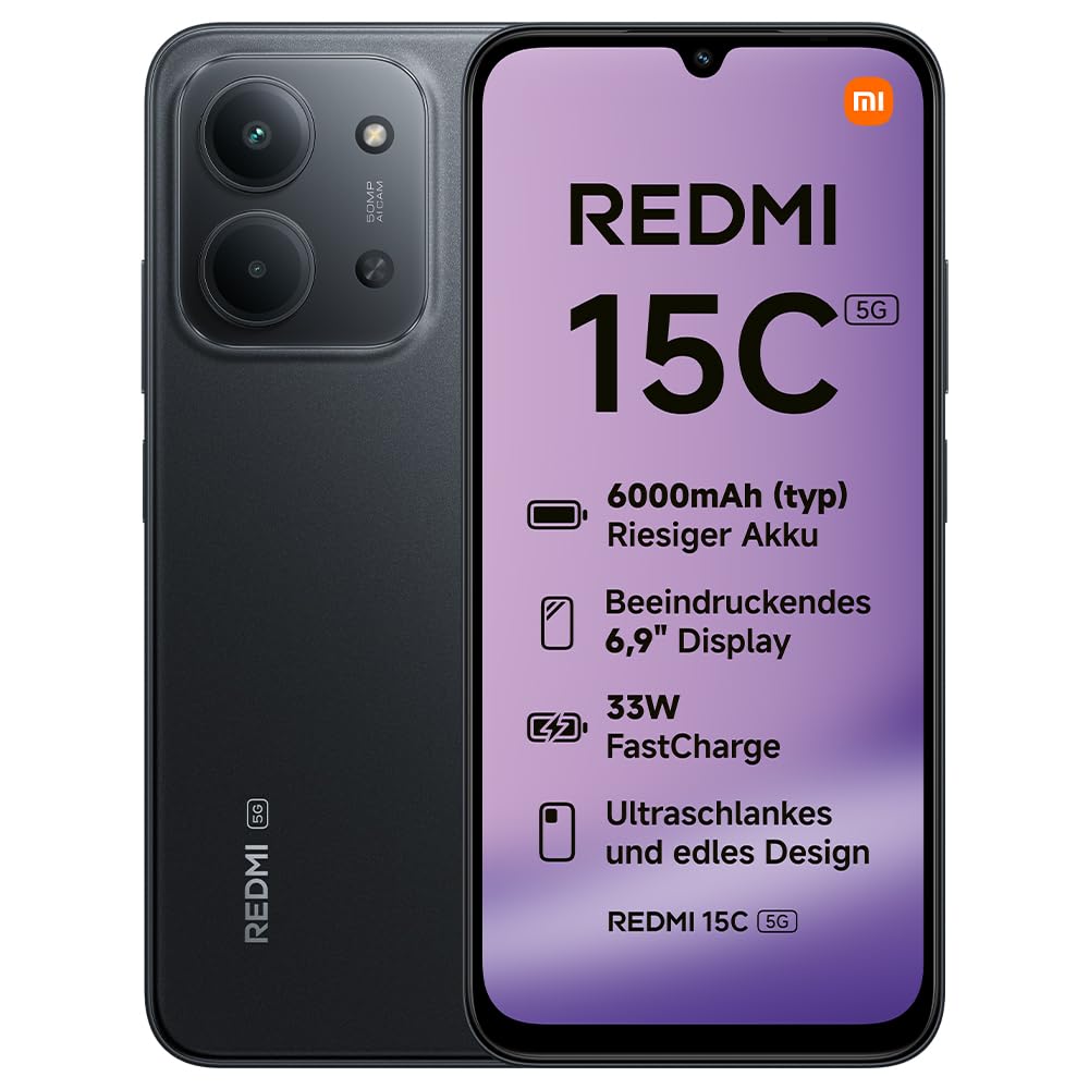 XIAOMI Redmi 15C 5G Smartphone 4+256GB, Unlocked, Mobile Phone with Android, 6.9" 120Hz Display, MediaTek Dimensity 6300 Processor 6nm Octa-Core, 50MP AI Dual Camera, 6000mAh, Midnight Black - MZB0M9QEU