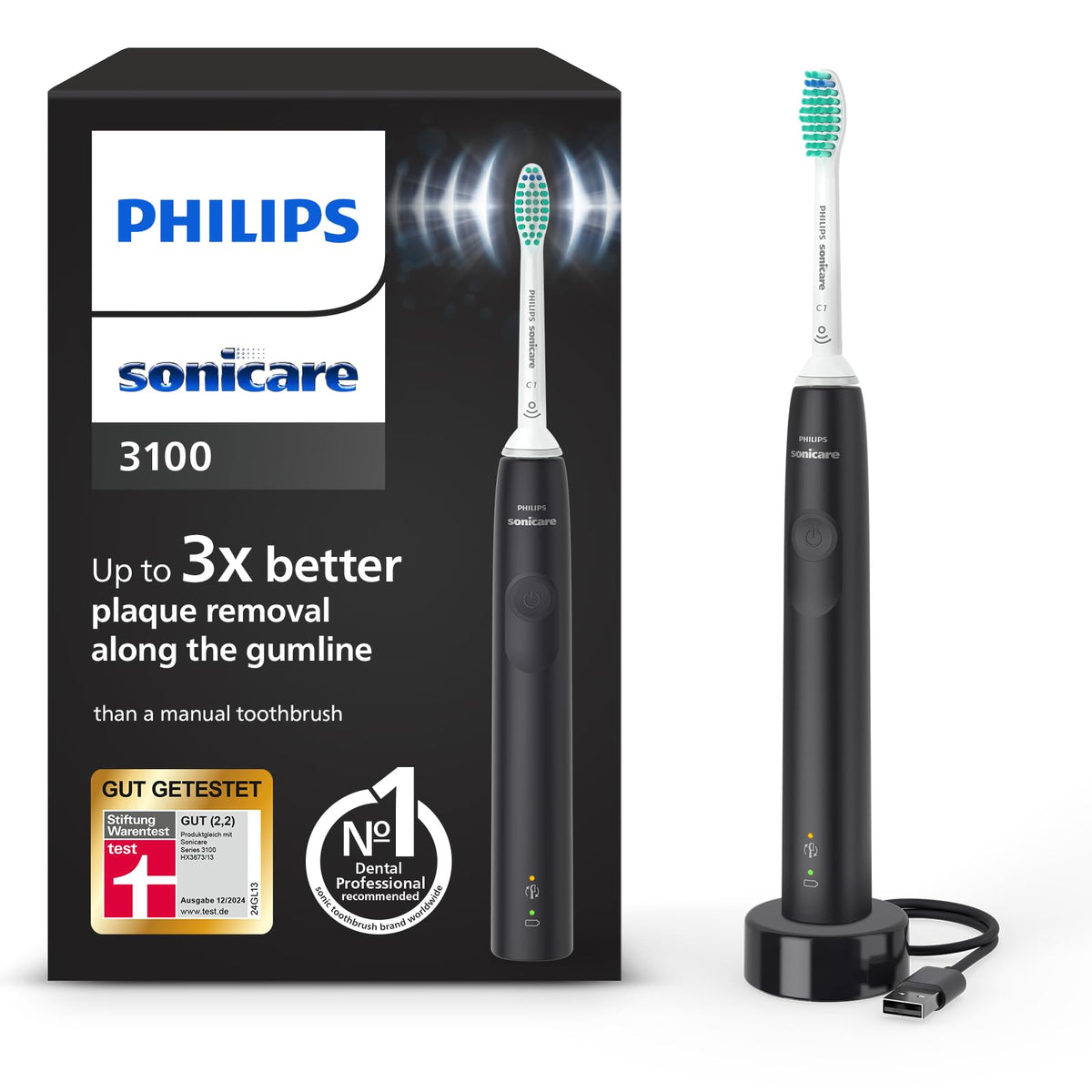 Periuță de dinți electrică Philips Sonicare 3100, periuță sonică, control al presiunii și cronometru, negru, HX3671/14