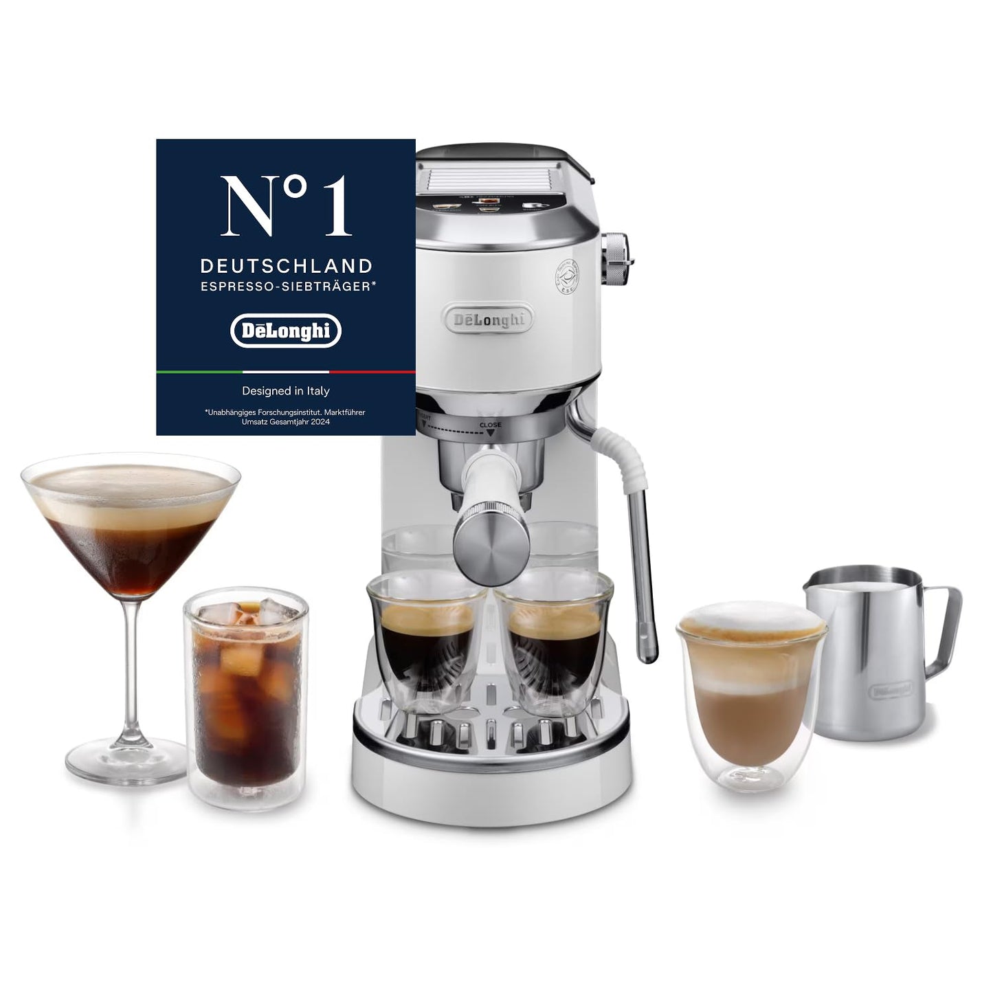 De'Longhi Dedica Duo - Perfetto compact portafilter machine espresso machine with soft-touch icons, manual milk frother for espresso, cappuccino and cold brew, 15cm wide, white (EC890.WI)