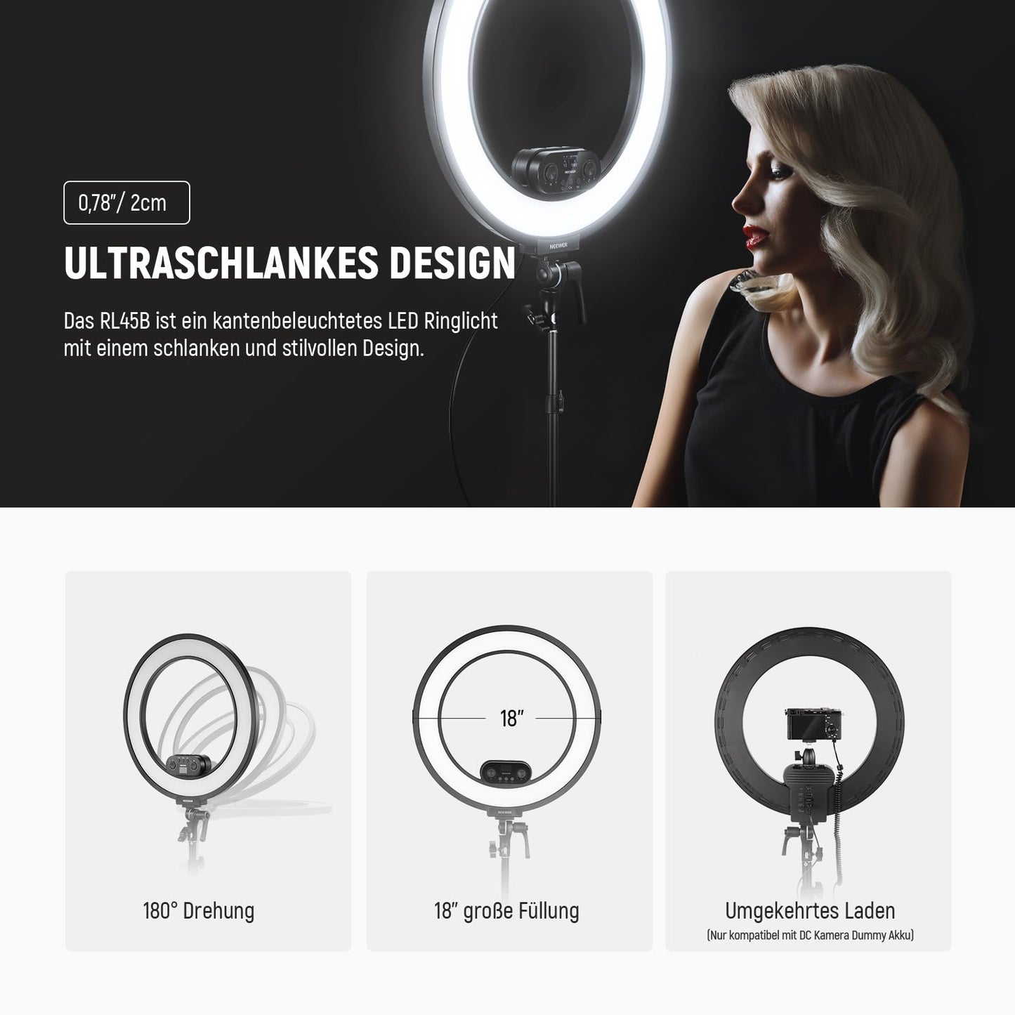 NEEWER RL45B 18" Ring Light Desk Edge Lit Ring Light for Cell Phone, Camera, Laptop, LED Lighting Set, Phone Holder, Table Stand, Ball Head Mount, Webcam, Zoom Call, Streaming, Selfie - B0DMNP38V6
