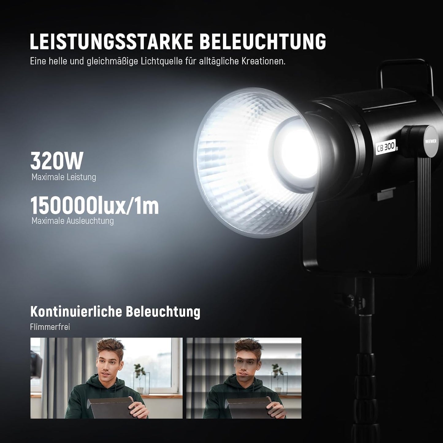 NEEWER CB300B 320W LED video light studio light with 2.4G/APP remote control, all-metal COB bi-color studio continuous light Bowens mount 150000lux/1m 2700K-6500K CRI/TLCI97+ 12 effects for portrait