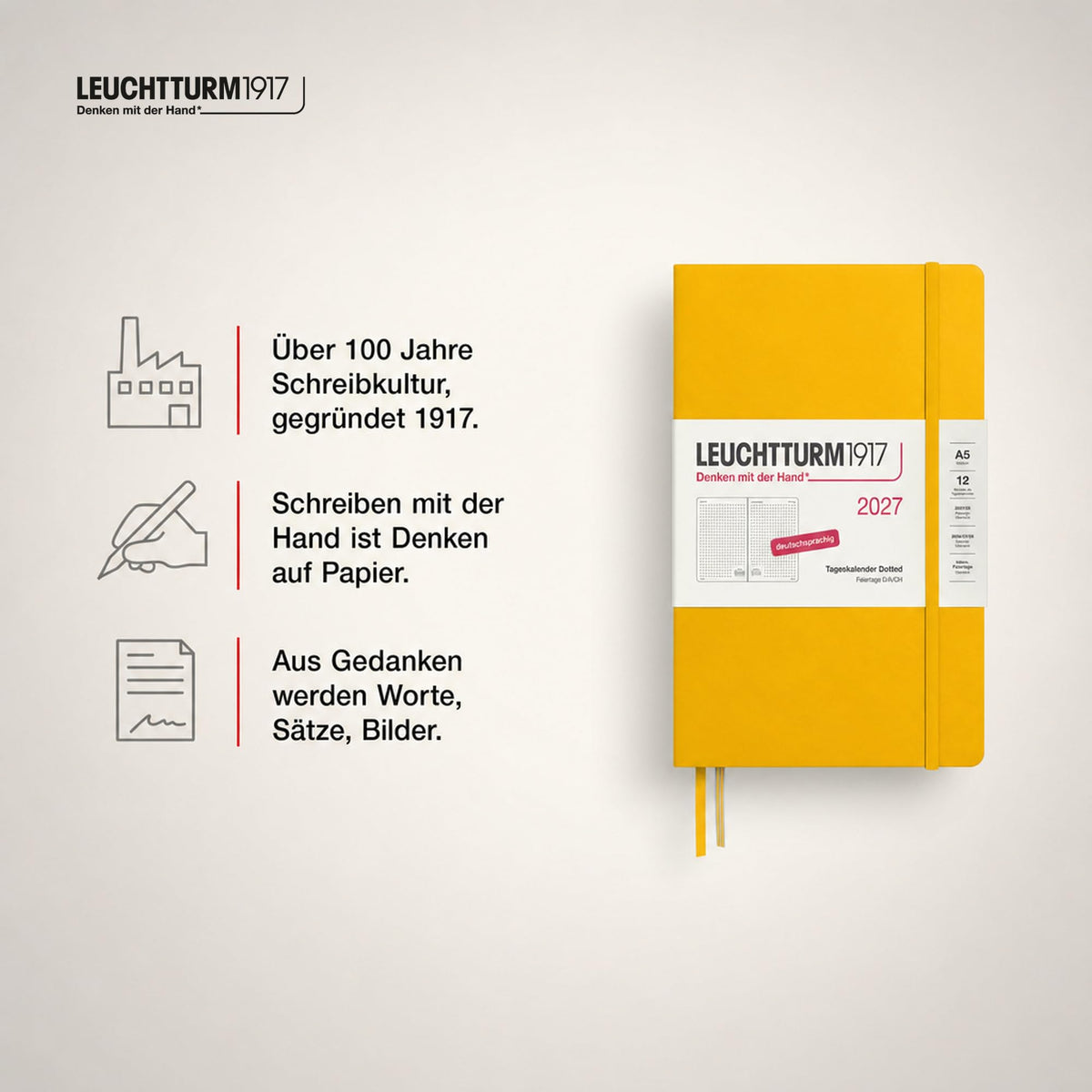 LEUCHTTURM1917 Calendar zilnic 2027 punctat mediu (A5) - germană, floarea soarelui, 145 x 210 mm, ianuarie-decembrie (12 luni), 1 pagină pe zi, grilă orară 7:00-22:00, copertă cartonată, hârtie de 80 g/m² - 400168