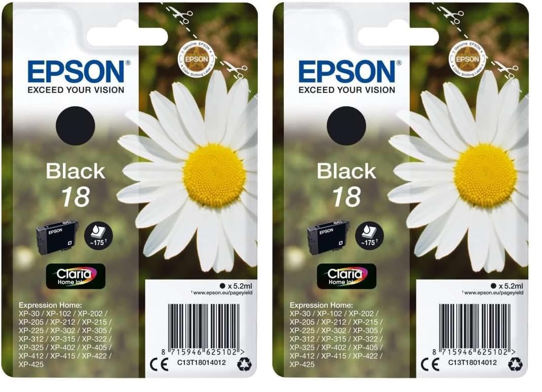 Cartuș de cerneală original Epson Gălbenele, cerneală Claria Home, pentru imprimare de text și fotografii (pachet unic) negru T180140 Standard (pachet cu 2) - C13T18014012