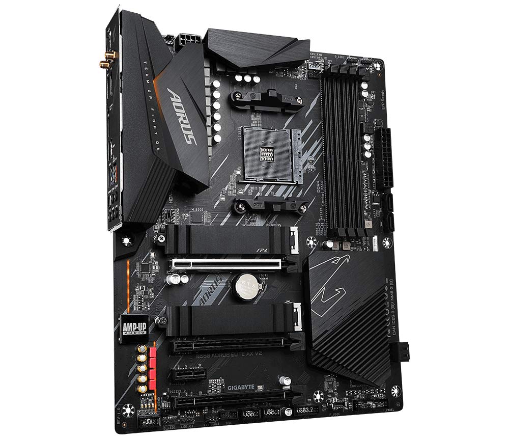 GIGABYTE B550 AORUS Elite AX V2 Mainboard – Compatible with AMD Ryzen 5000 CPUs, featuring a 12+2 phase VRM, supports up to 4733 MHz DDR4, 1x PCIe 4.0 + 1x PCIe 3.0 M.2, Wi-Fi 6E, 2.5GbE LAN, and USB 3.2 Gen 2.
