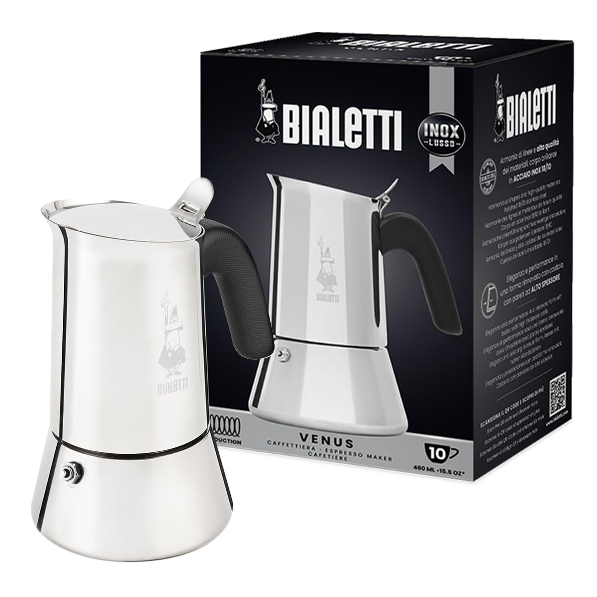 Bialetti - New Venus Induction, stainless steel stove espresso coffee machine, suitable for all types of stoves, 10 cups (460ml), aluminum, silver - 0007256/CN