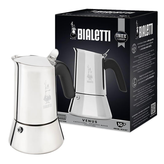 Bialetti - New Venus Induction, cafetieră espresso din oțel inoxidabil pentru plită, potrivită pentru toate tipurile de aragaz, 10 cești (460 ml), aluminiu, argintiu - 0007256/CN
